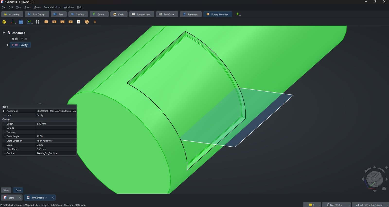 A drafted cavity wrapped onto a rotary moulder drum in FreeCAD