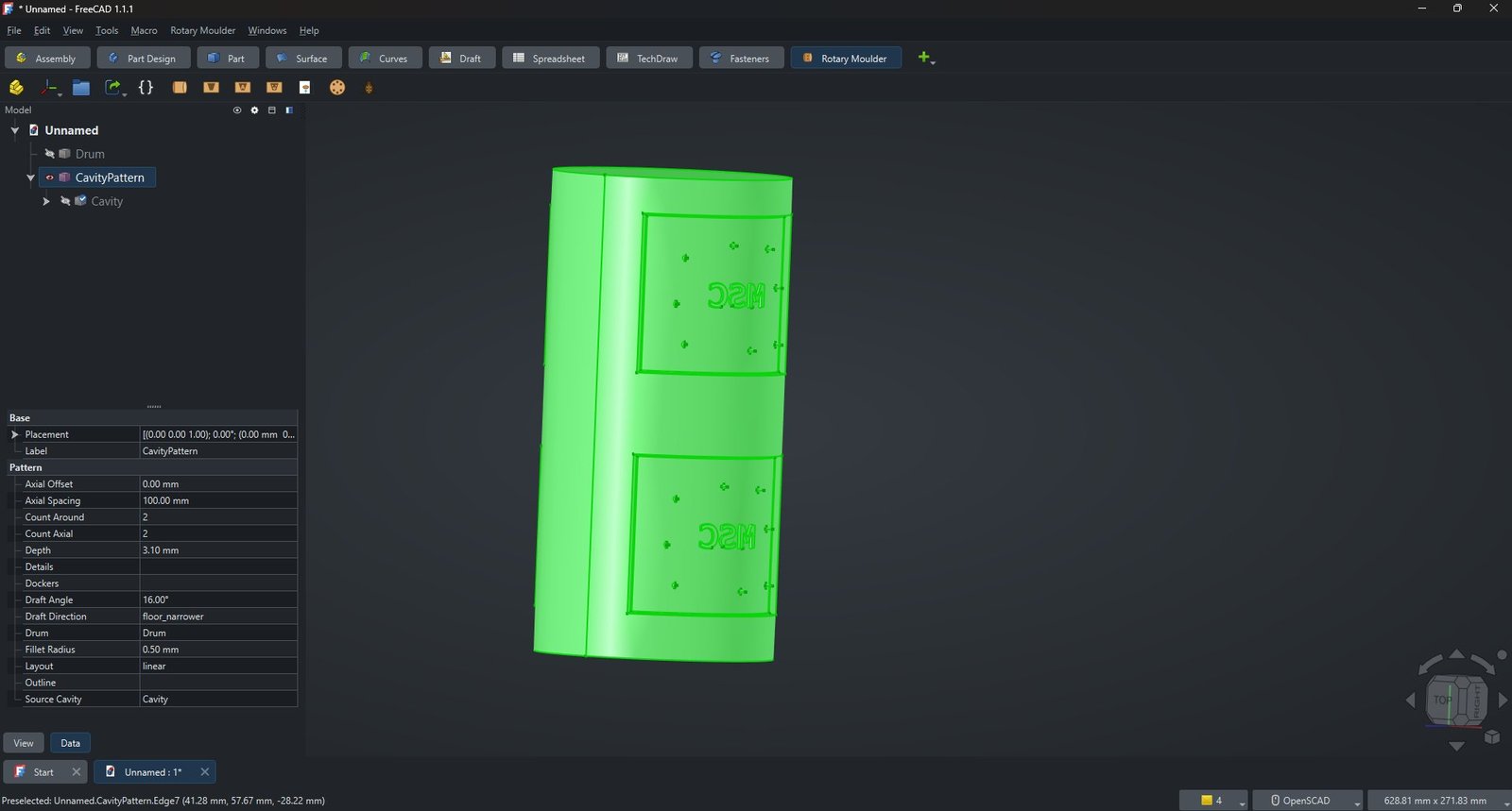 Linear cavity pattern around the drum