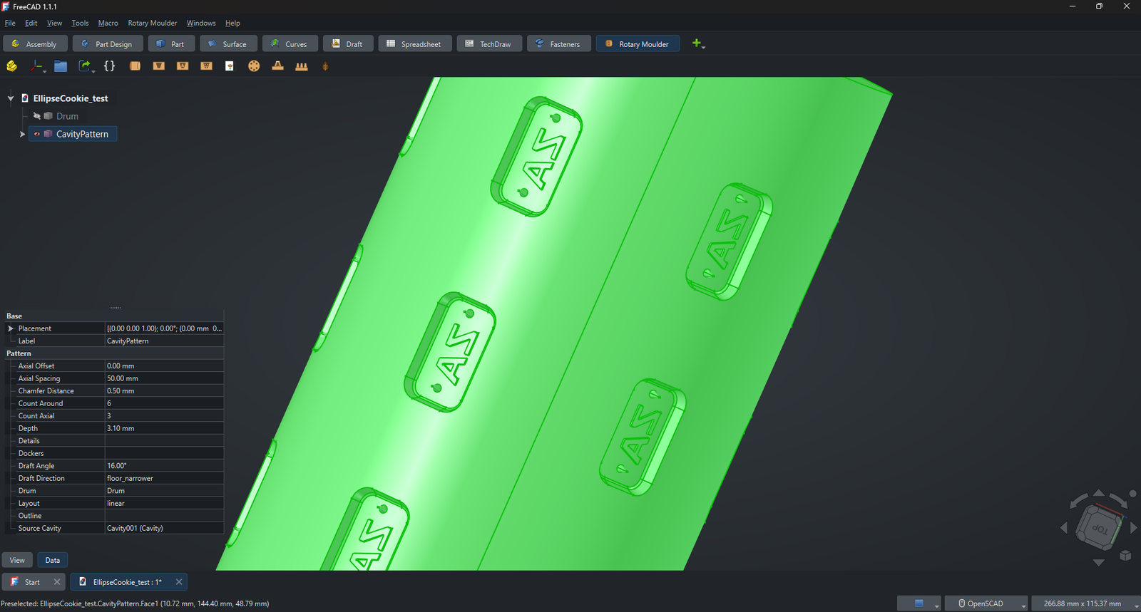 Linear cavity pattern with embossed text and docker pins around the drum